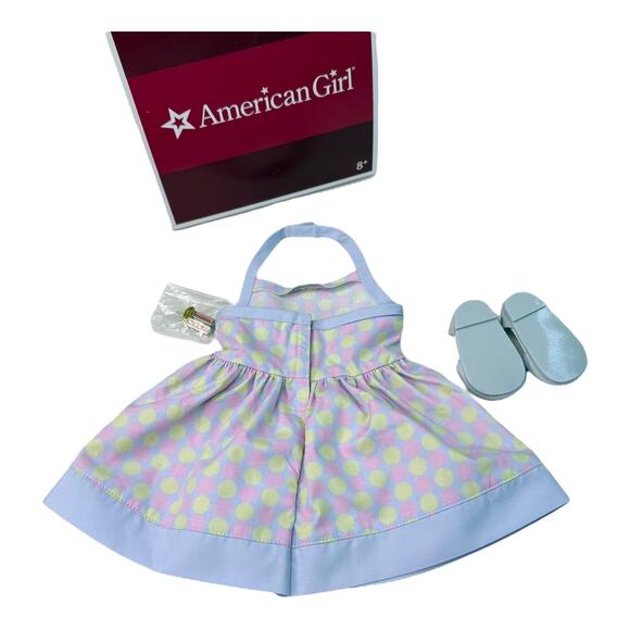 NEW American Girl CHRISSA SUNDRESS Polka Dot Flower Hair Barrettes Shoes Box - Picture 3 of 8